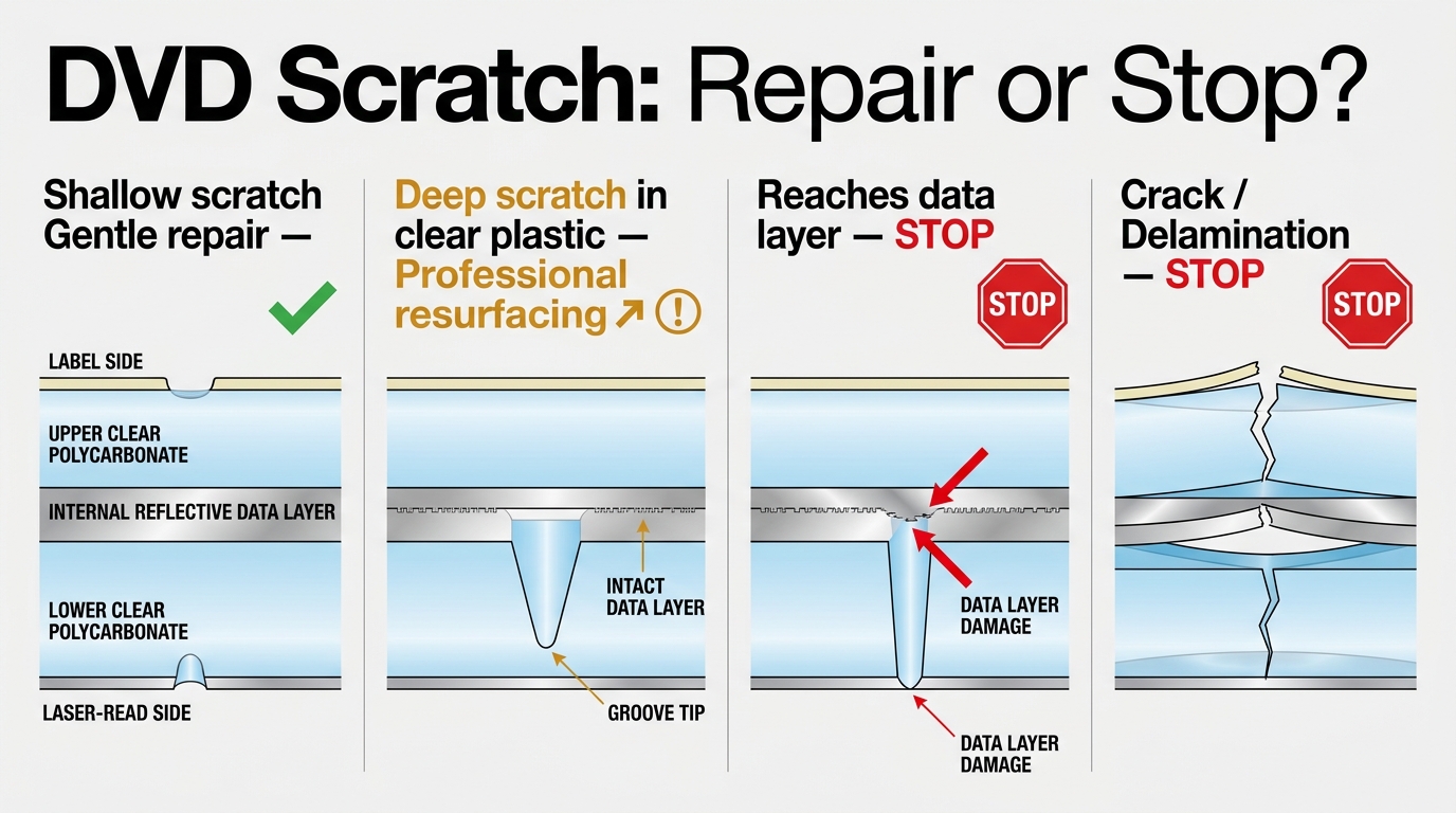 DVD cross-section showing repairable scratches and structural damage that requires stopping