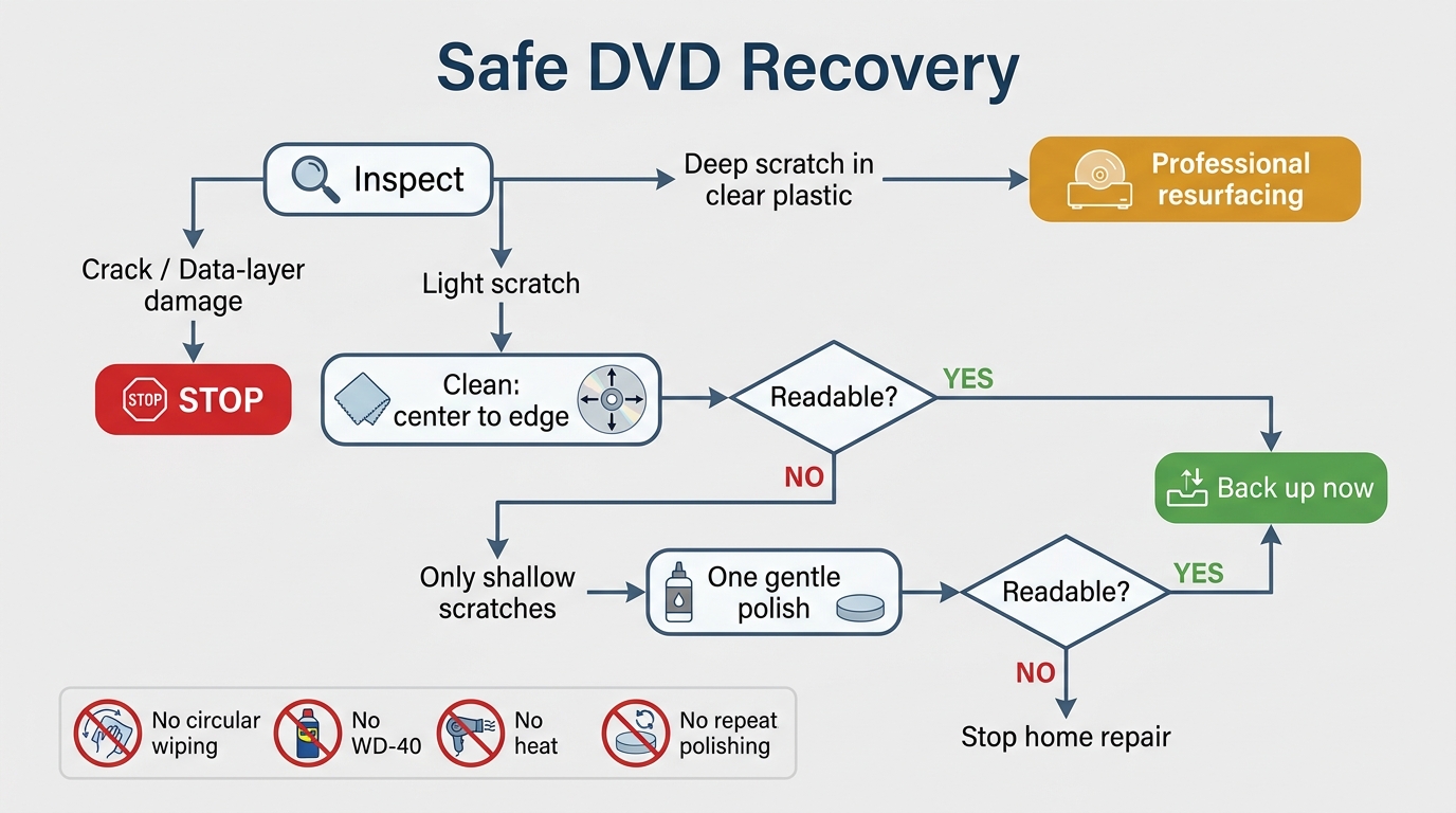 Safe DVD cleaning and repair path from center-to-edge wiping to professional resurfacing