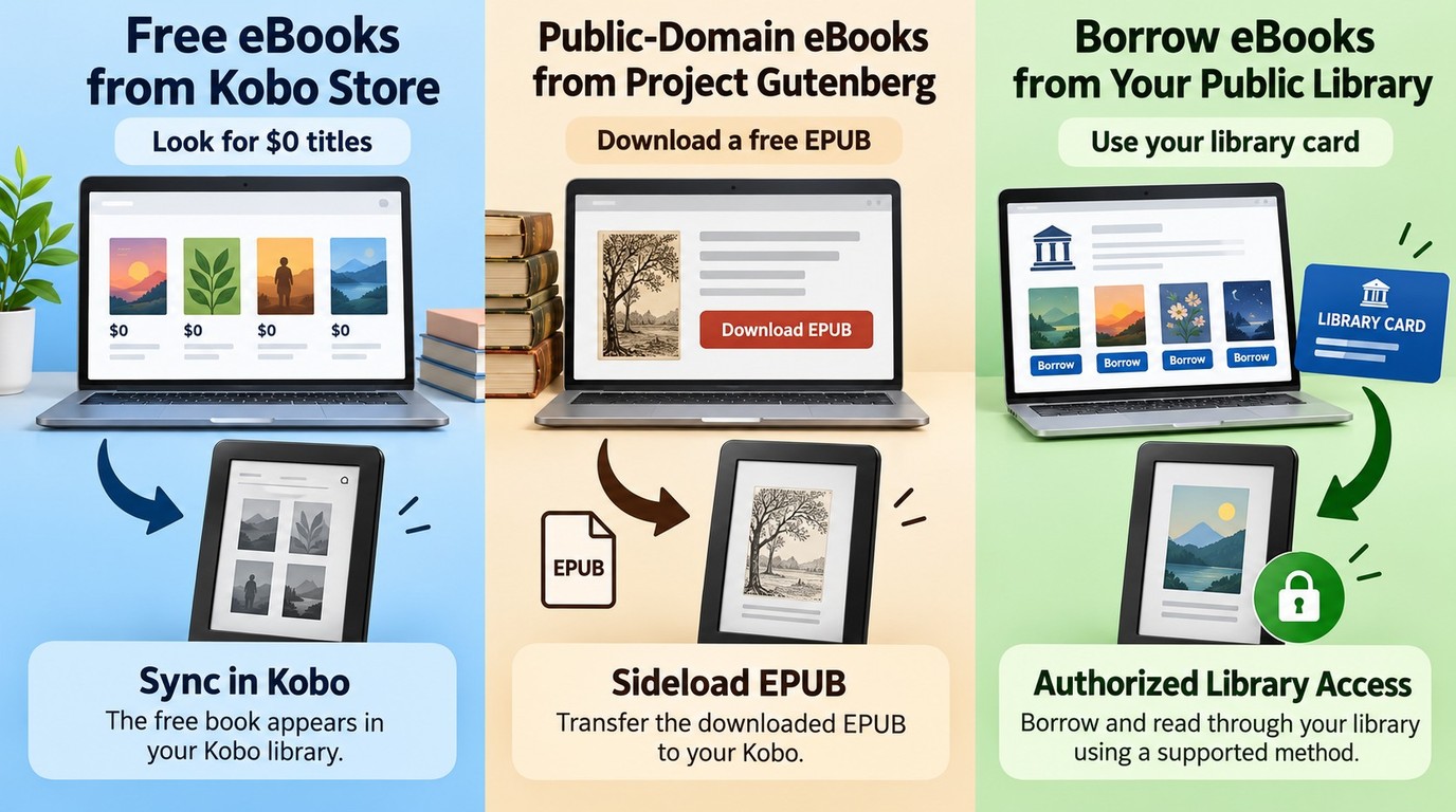 Legal free book sources for Kobo: Kobo Store, Project Gutenberg, and public library loans