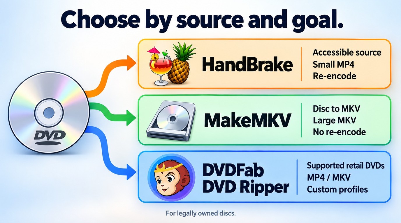 How to choose HandBrake, MakeMKV, or DVDFab DVD Ripper by source and output goal