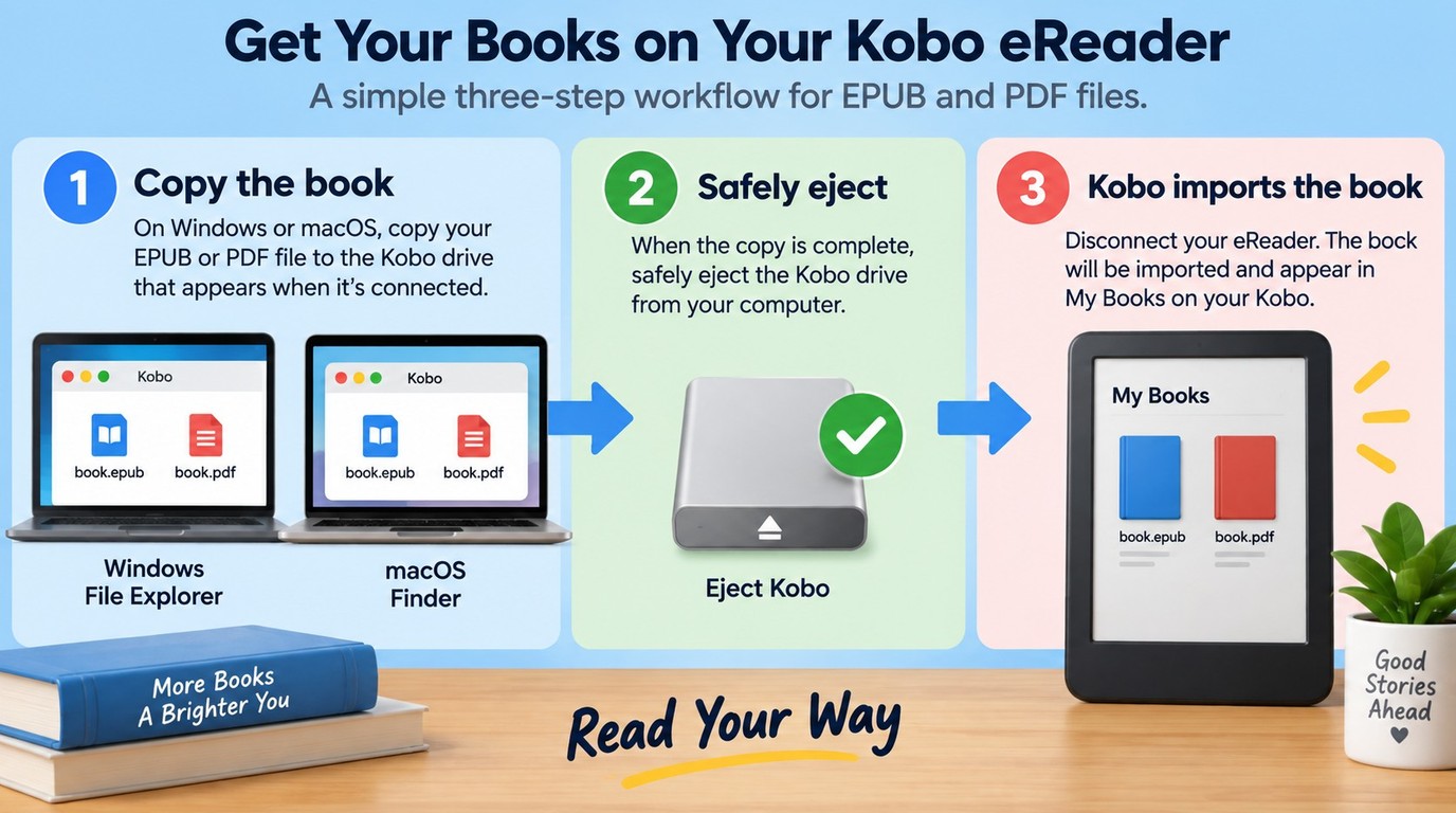 EPUB and PDF files copied from Windows or macOS to Kobo, then imported into My Books