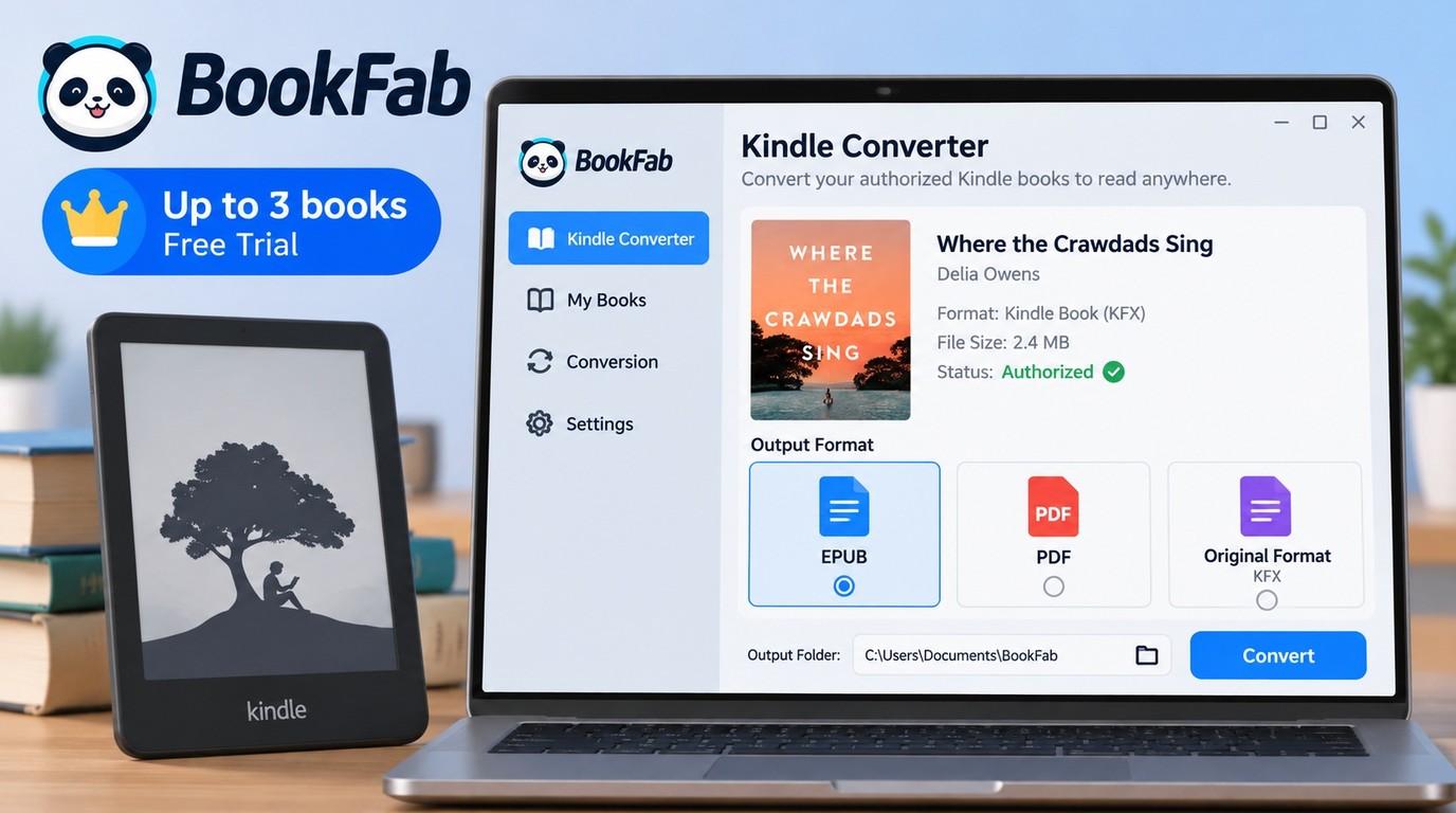 BookFab Kindle Converter with a Kindle book loaded and EPUB, PDF, and original output options
