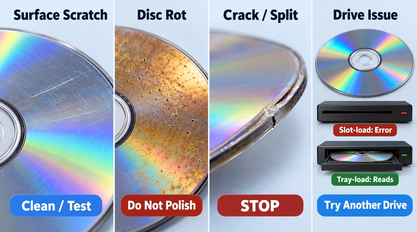 Differences between DVD surface scratches, disc rot, cracks, and drive-related read errors