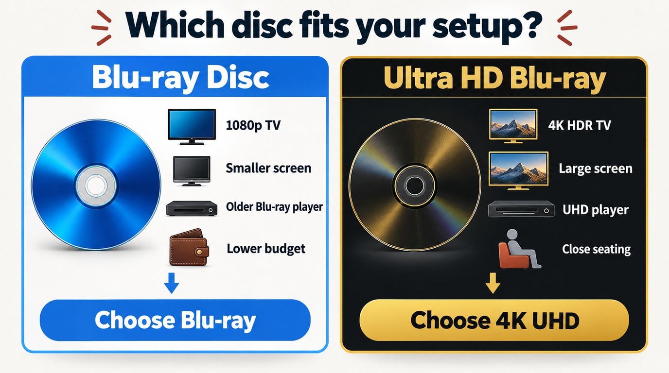 Decision guide for choosing Blu-ray or 4K UHD by screen, player, and budget