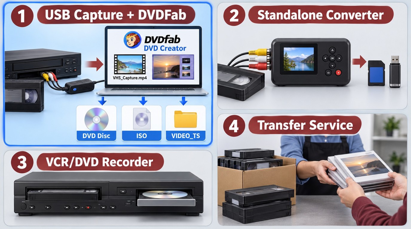 DVDFab DVD Creator turning a captured VHS video file into DVD outputs