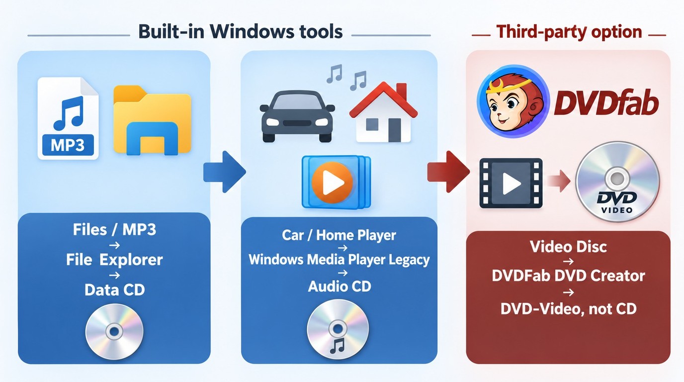 Choosing between File Explorer, Windows Media Player Legacy, and DVDFab DVD Creator