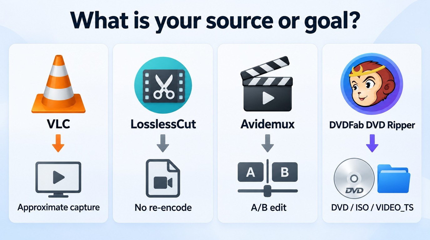Choose VLC, LosslessCut, Avidemux, or DVDFab DVD Ripper based on the video source.