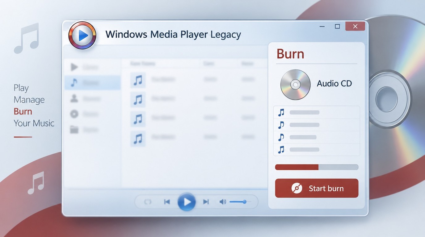 Windows Media Player Legacy Burn tab set to Audio CD