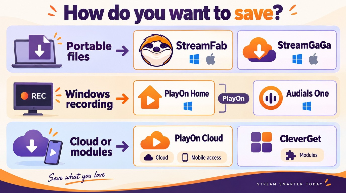 StreamFab and StreamGaGa for files, PlayOn and Audials for recording, CleverGet for modules.