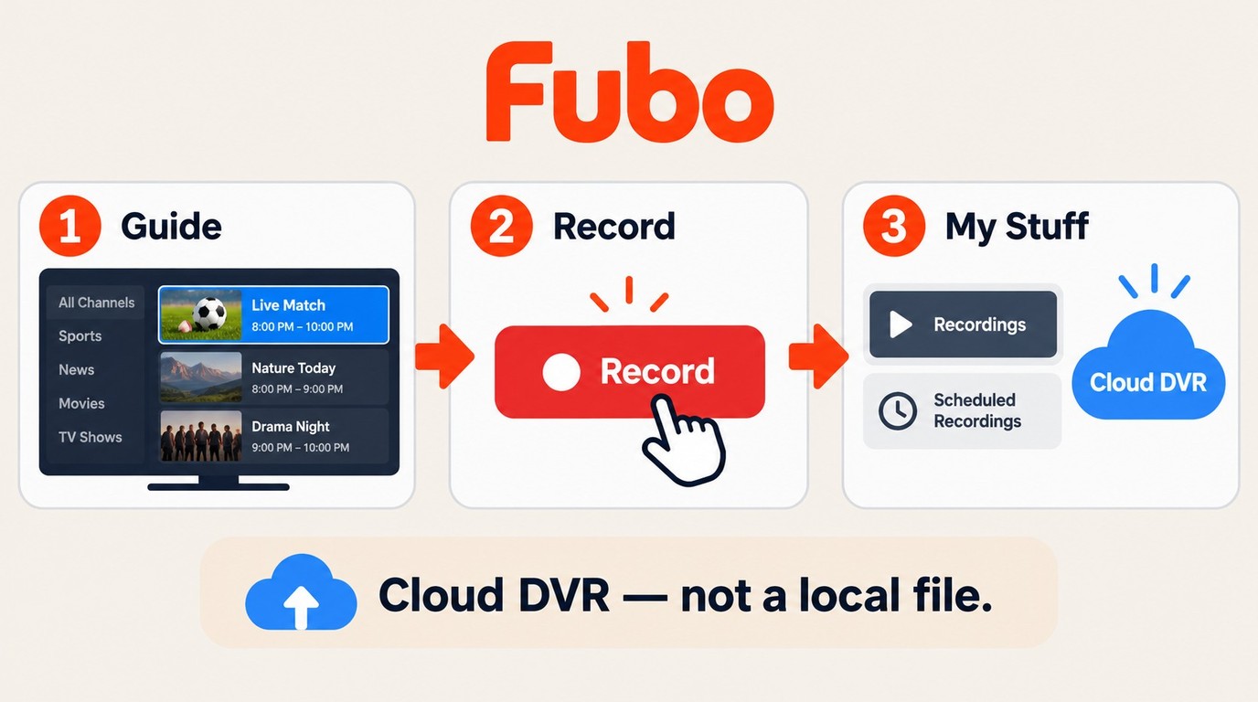 Fubo Record options and My Stuff views for scheduling and finding Cloud DVR recordings