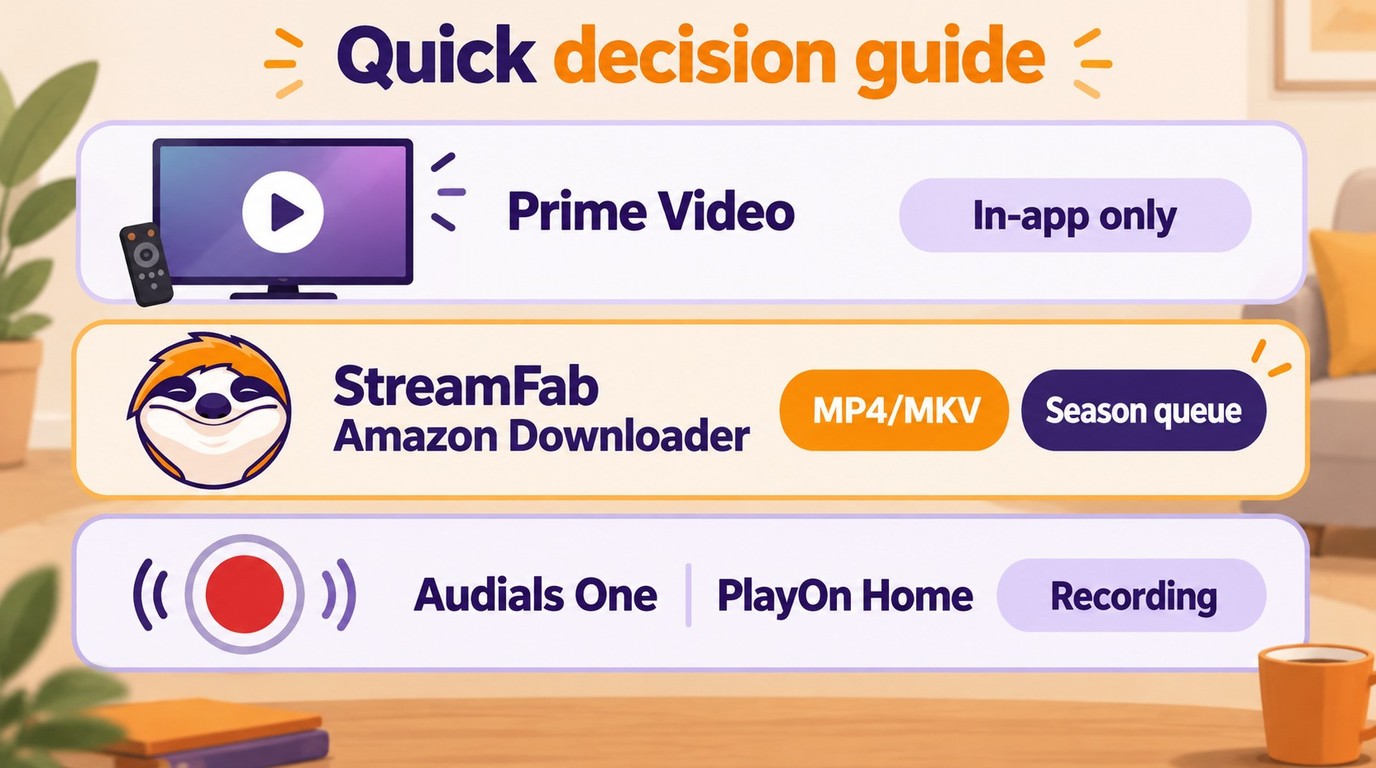 Choose Prime Video, StreamFab, Audials One, or PlayOn Home by offline viewing need.