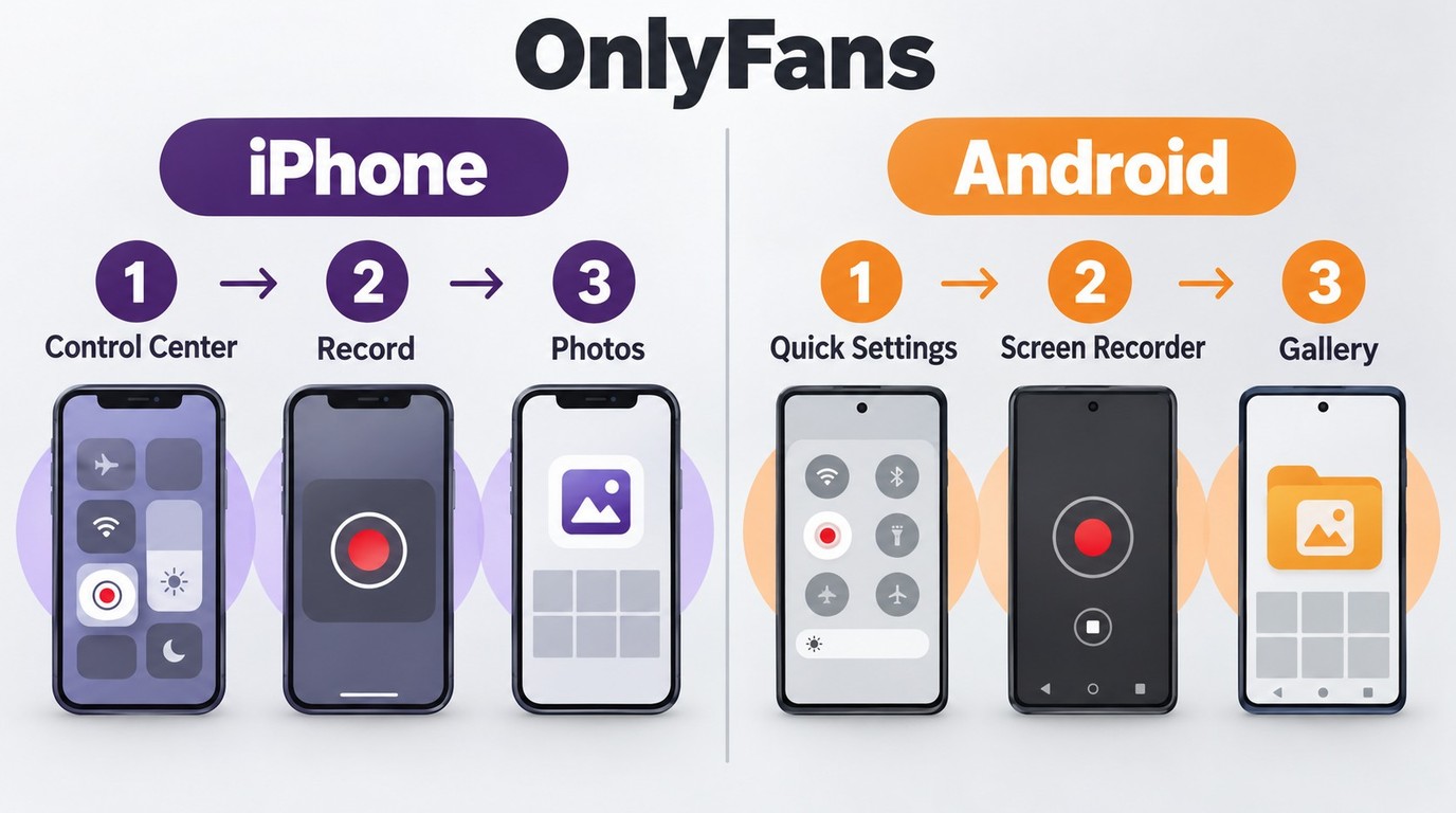 iPhone Control Center and Android Quick Settings steps for permitted OnlyFans recording