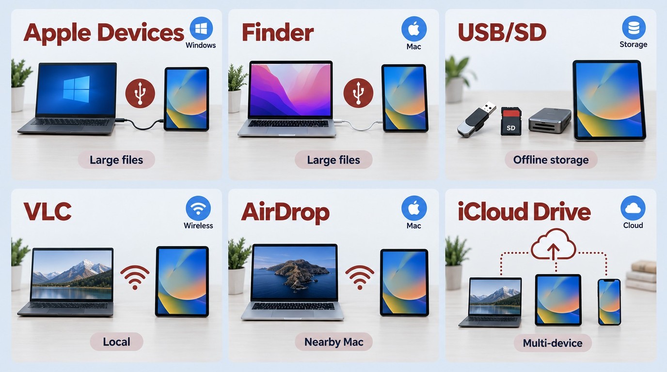 Choose Apple Devices, Finder, VLC, AirDrop, iCloud Drive, or external storage by scenario