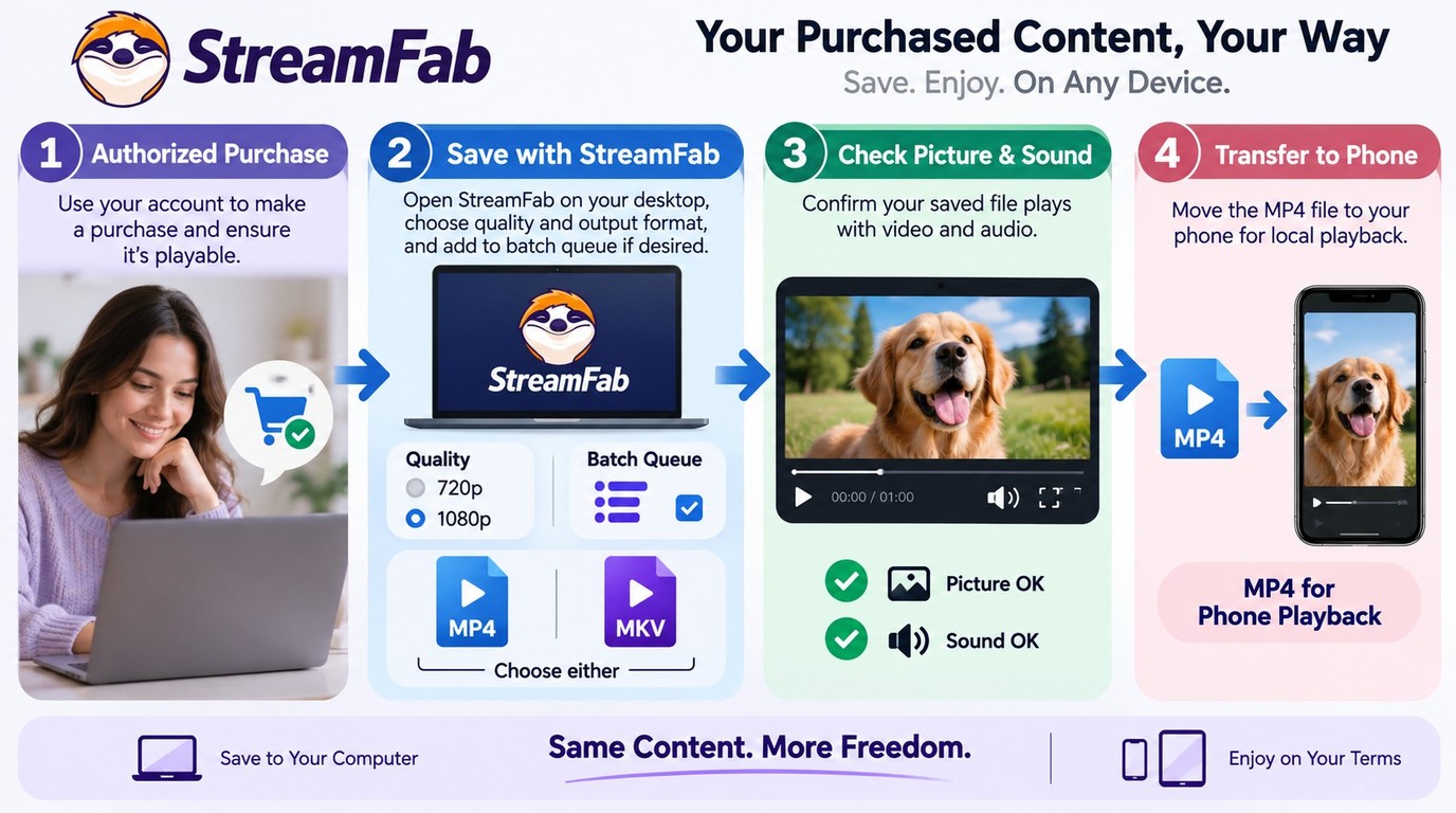 StreamFab workflow for saving an authorized OnlyFans purchase as MP4 or MKV