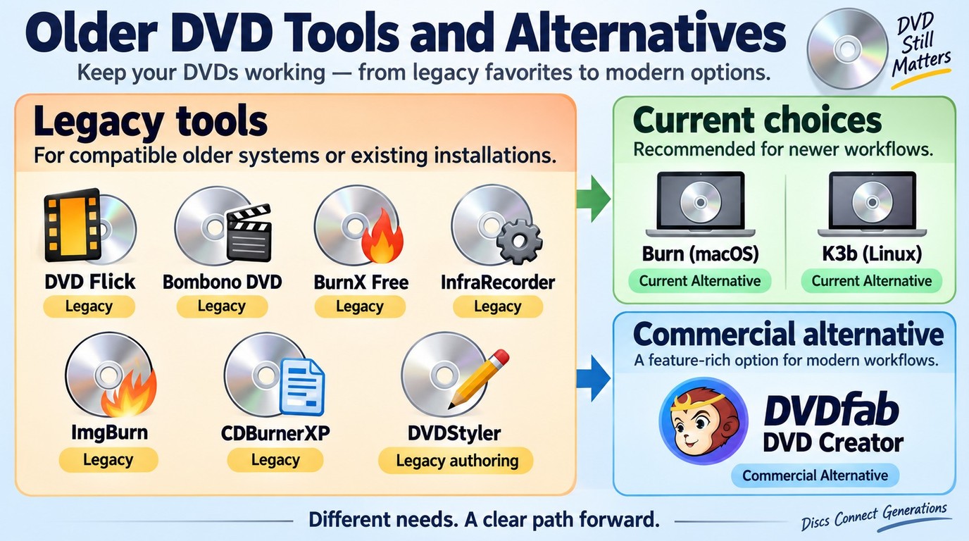 DVD Flick, Bombono DVD, and BurnX Free matched to legacy systems