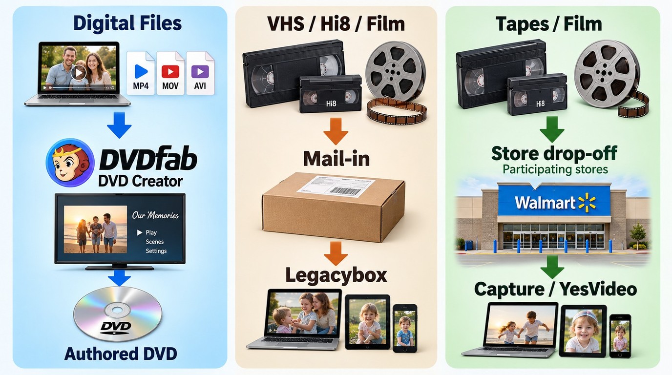 DIY files, Legacybox mail-in, and Capture at Walmart routes for video-to-DVD projects.