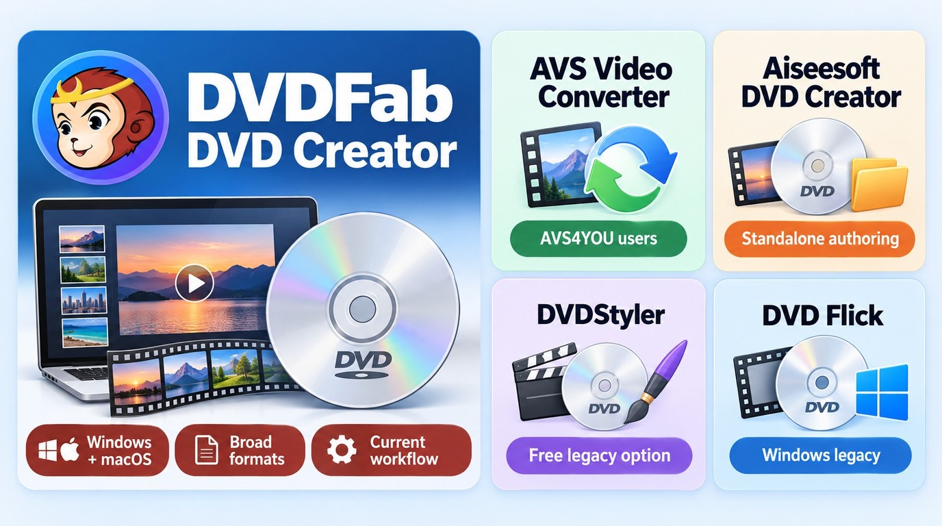 DVDFab, AVS, Aiseesoft, DVDStyler, and DVD Flick choices by platform and workflow.