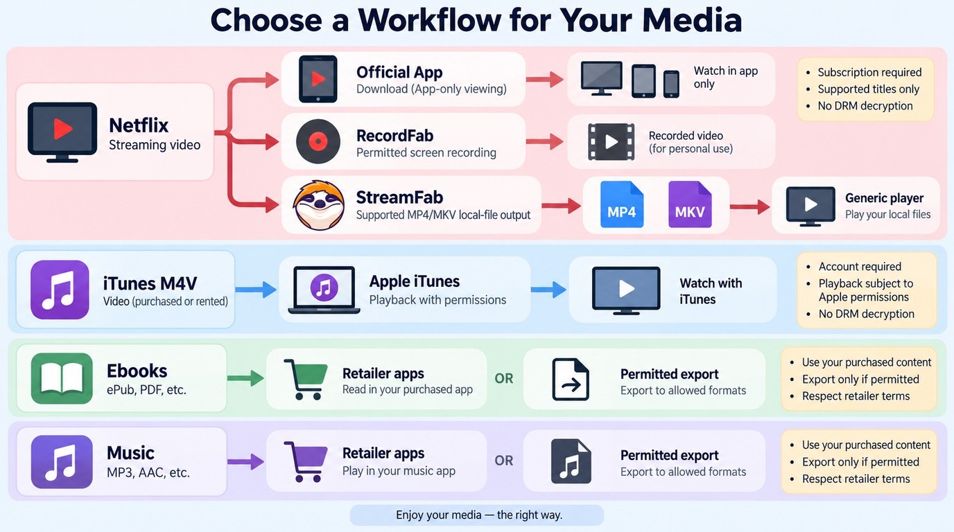 Workflow choices for Netflix streaming, iTunes M4V, ebooks, and music