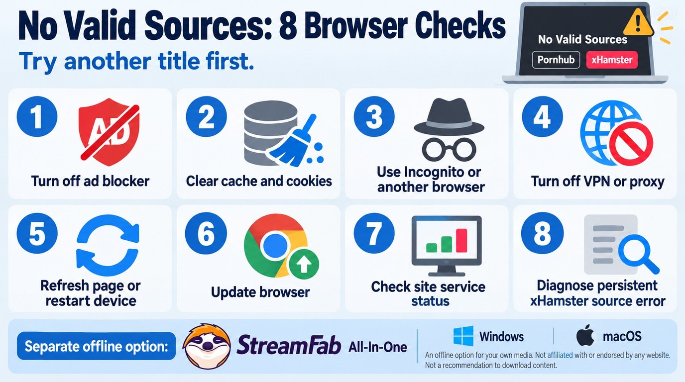Eight-step Chrome checks for Pornhub and xHamster source errors, plus the StreamFab offline option