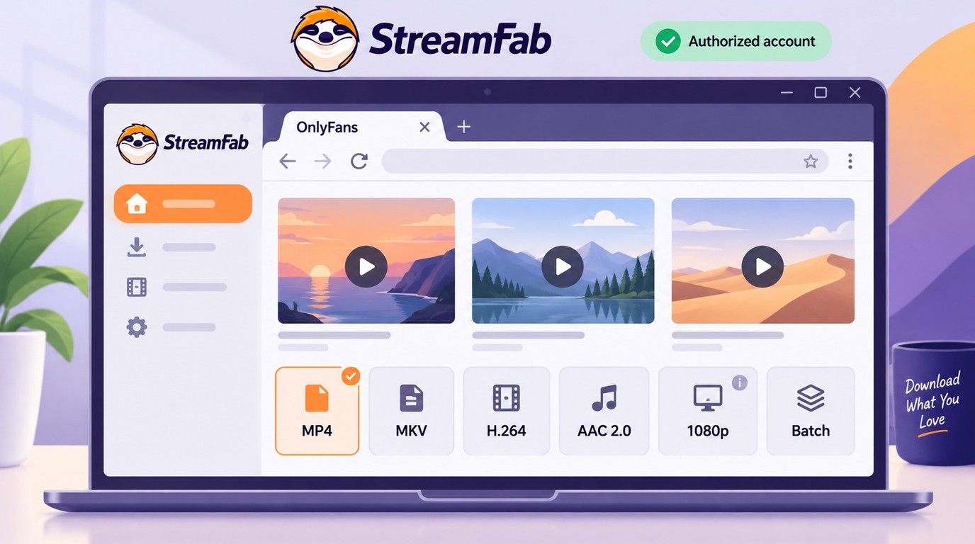 StreamFab settings for authorized OnlyFans videos with MP4, 1080p, and batch options.