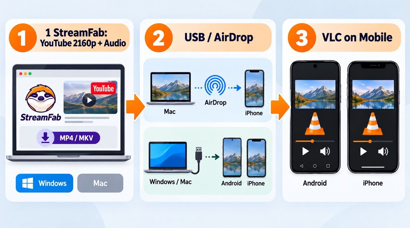 StreamFab saves a 2160p YouTube file, then USB or AirDrop transfers it to VLC on mobile