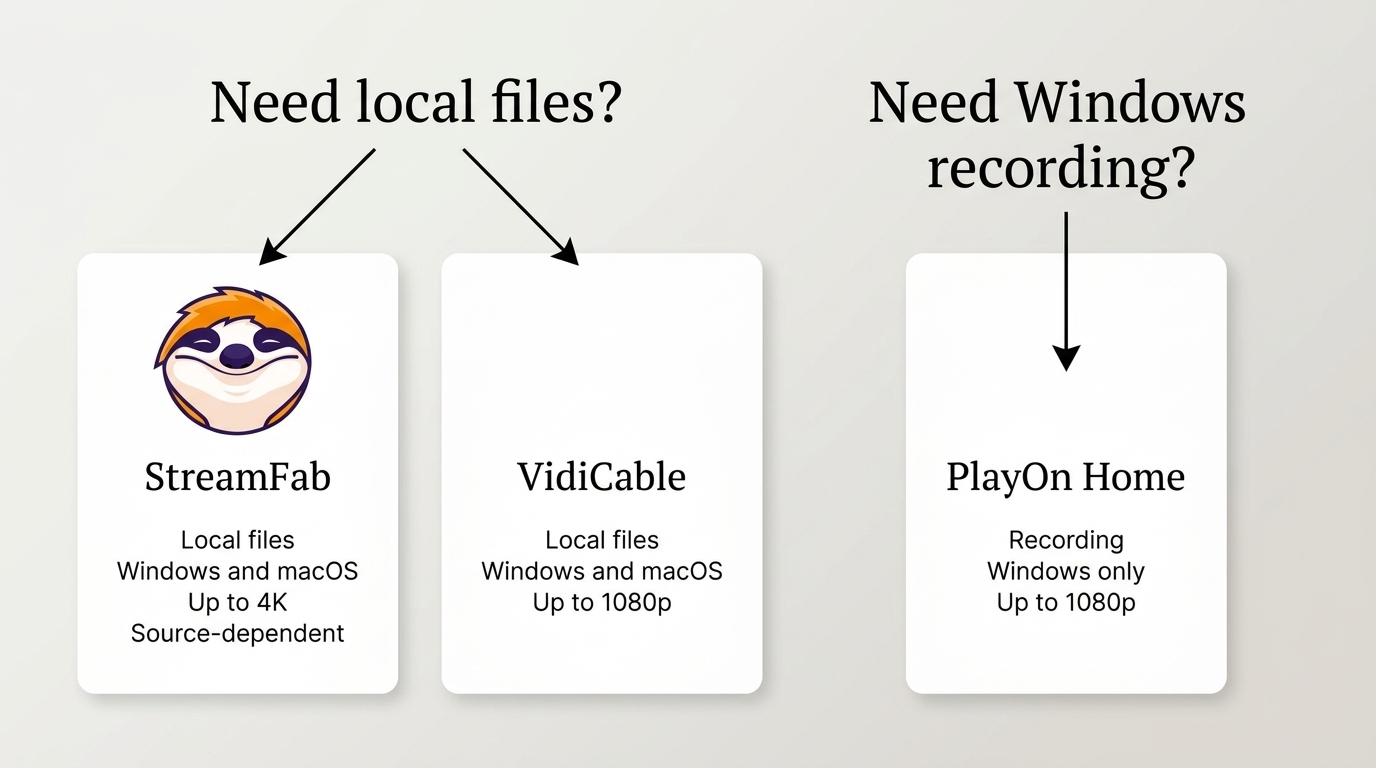 How to choose StreamFab, PlayOn Home, or VidiCable for Peacock on desktop.
