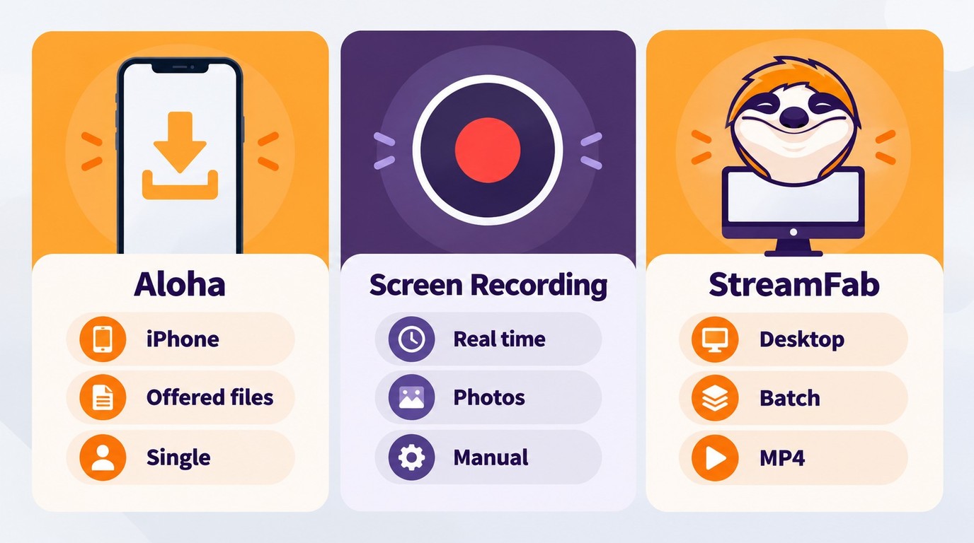 Choose Aloha for iPhone downloads, Screen Recording for capture, or StreamFab for batch MP4 files