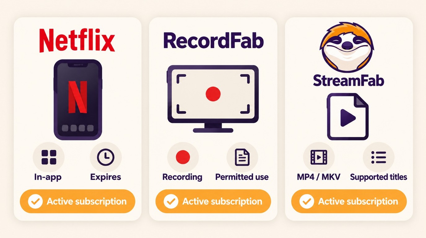 Netflix app downloads, RecordFab recordings, and StreamFab MP4 or MKV output compared