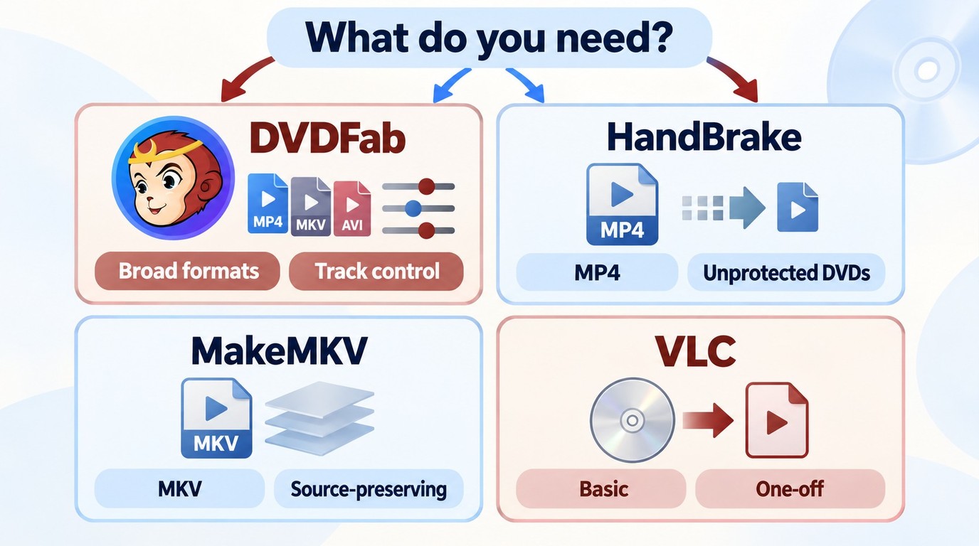 How to choose DVDFab, HandBrake, MakeMKV, or VLC for DVD conversion on Windows