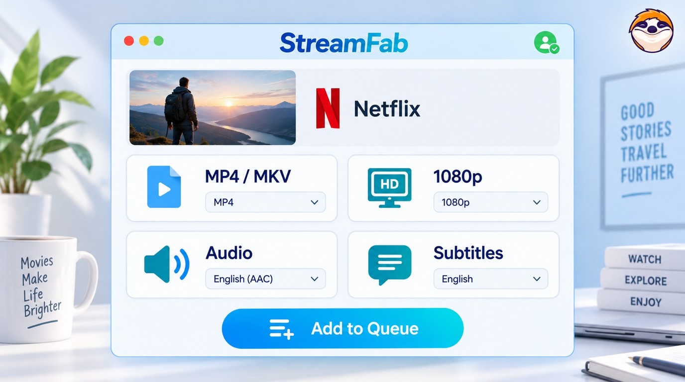 StreamFab Netflix title settings for MP4 or MKV, 1080p, audio, and subtitles