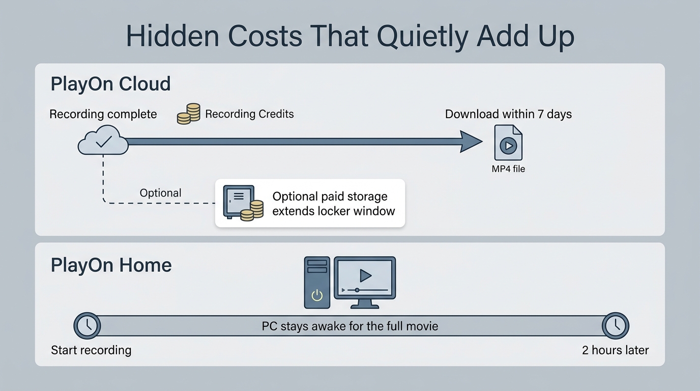 PlayOn Cloud files need download within 7 days, while PlayOn Home records in real time.