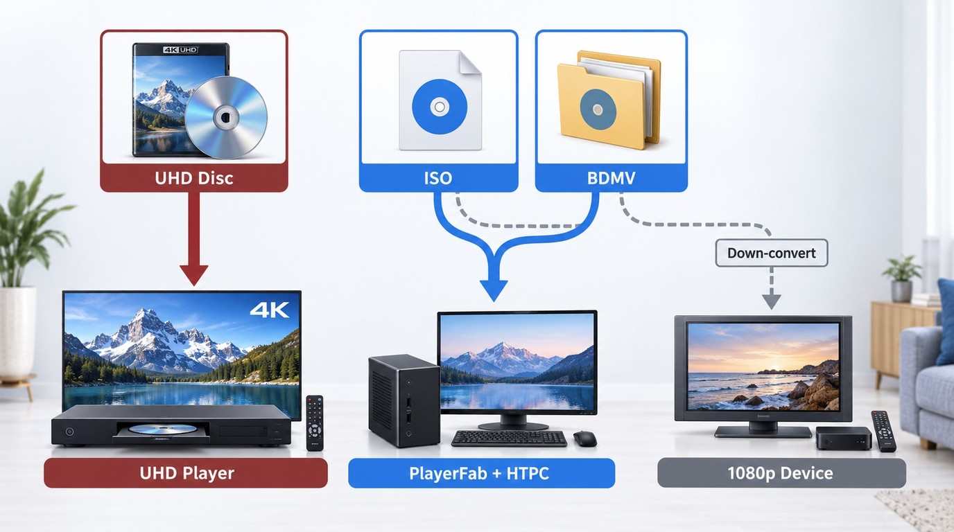 How UHD discs, ISO files, and BDMV folders connect to PlayerFab, an HTPC, or a UHD player