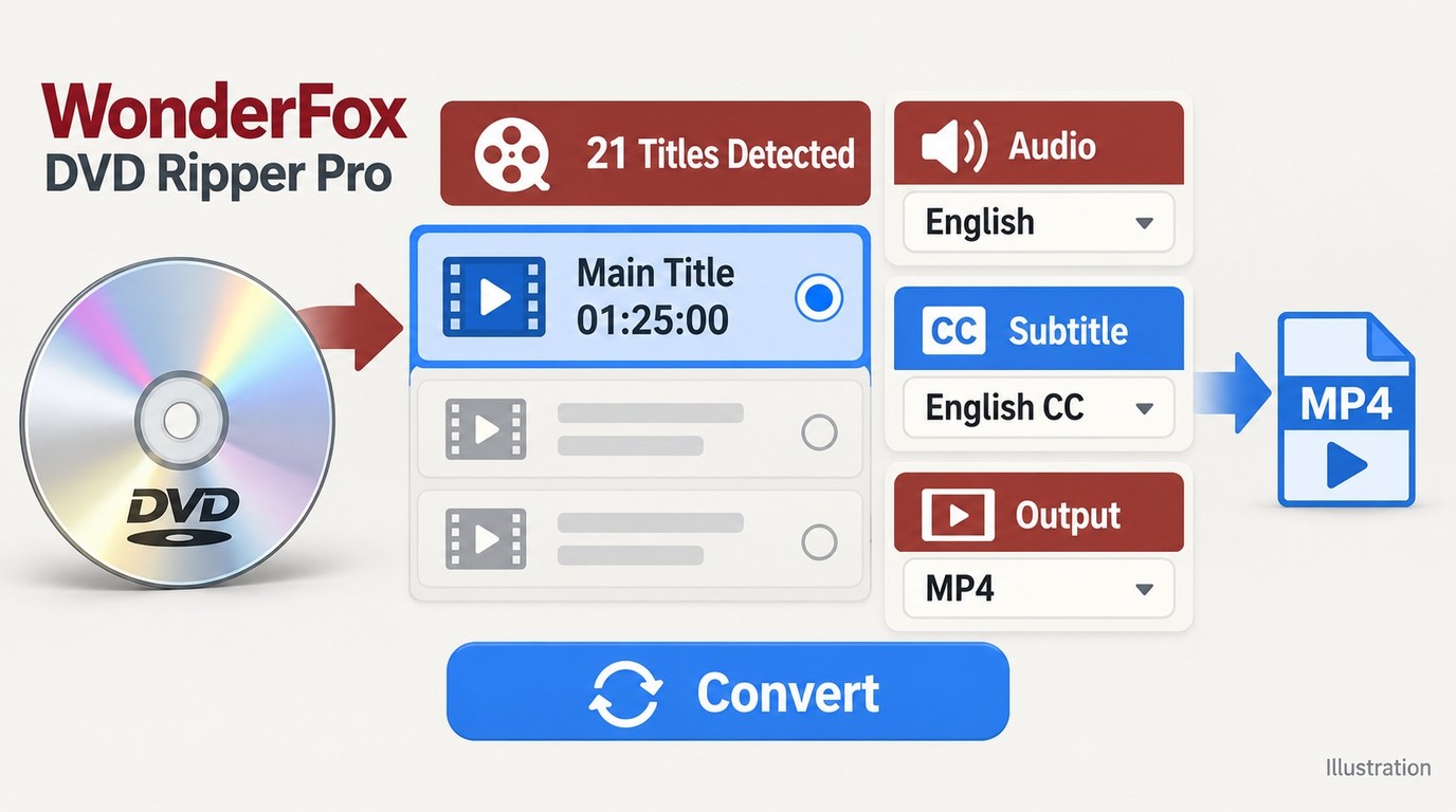 WonderFox DVD Ripper Pro title list with audio and subtitle selections