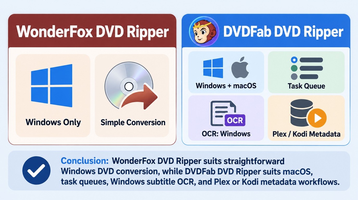 Choose WonderFox for simple Windows DVD conversion or DVDFab for Mac, queues, OCR, and metadata