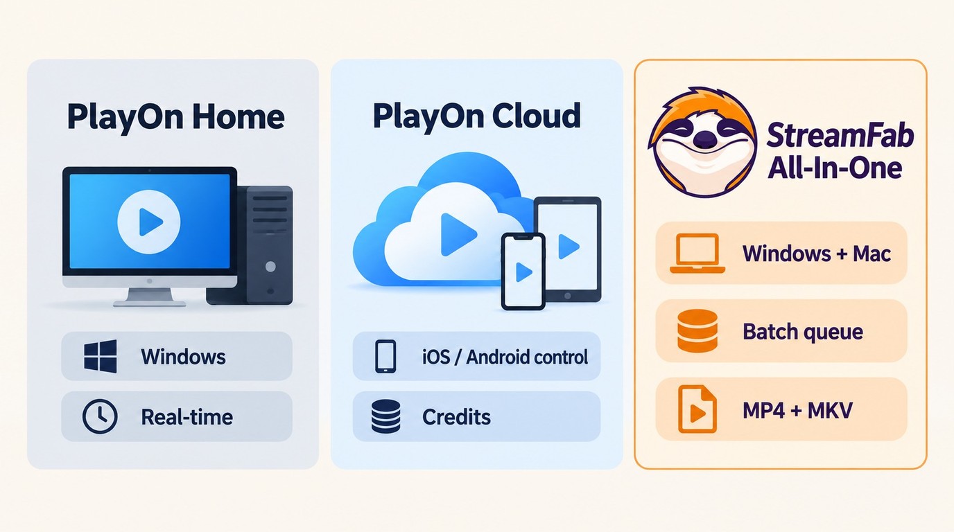 Choose PlayOn Home for Windows, Cloud for phone control, or StreamFab for Windows and Mac.