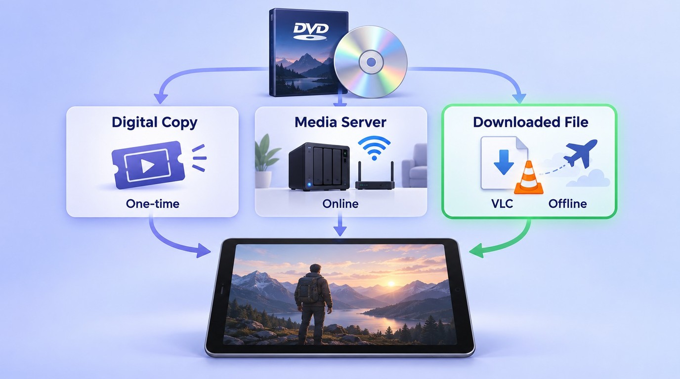 Choose a digital copy, media server stream, or local iPad file for DVD viewing