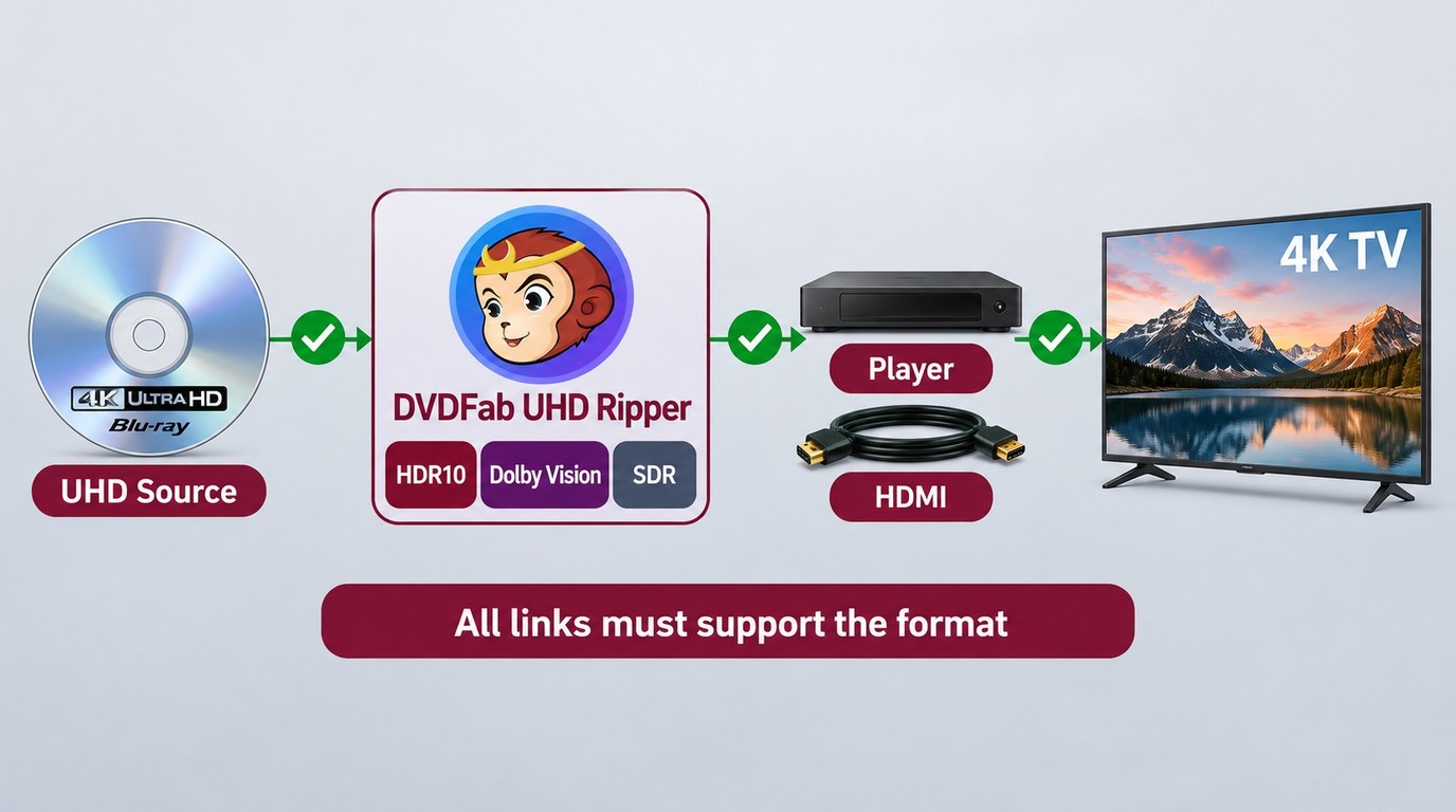 HDR10 and Dolby Vision depend on the DVDFab profile, player, HDMI chain, and display.