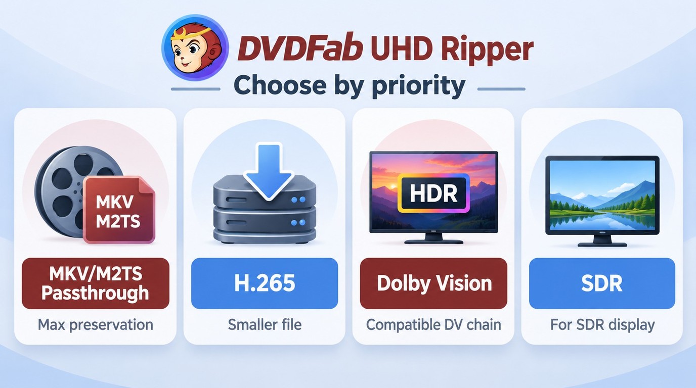 Choose DVDFab UHD Ripper profiles by quality, storage, HDR, and playback needs.