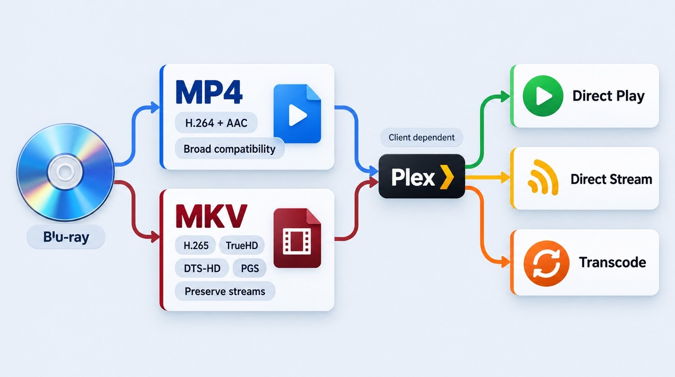 How Plex chooses Direct Play, Direct Stream, or Transcode for MP4 and MKV files