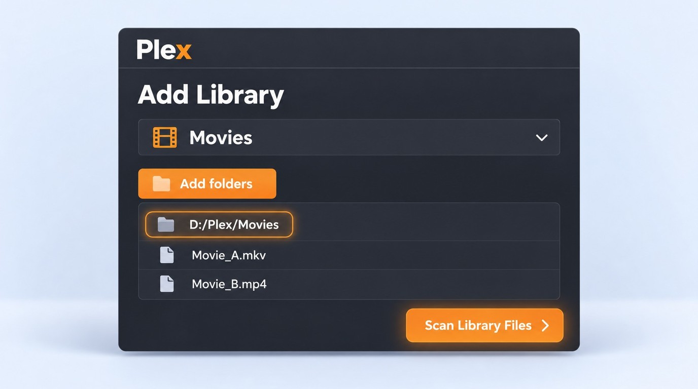 Plex Add Library screen selecting a folder of ripped Blu-ray movie files