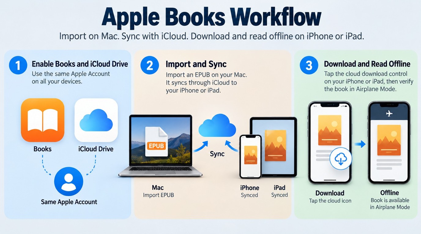 Apple Books syncing through iCloud, followed by download and offline verification.