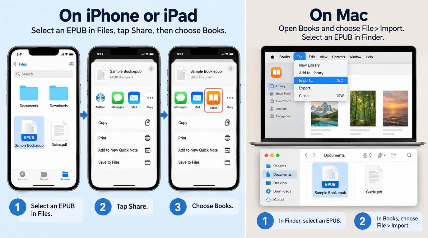 Importing an EPUB from Files on iPhone and with File > Import on Mac.