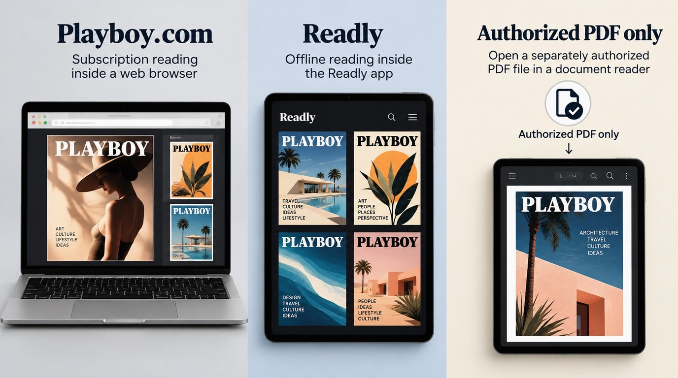 Playboy browser access and Readly offline reading differ from an authorized PDF download.