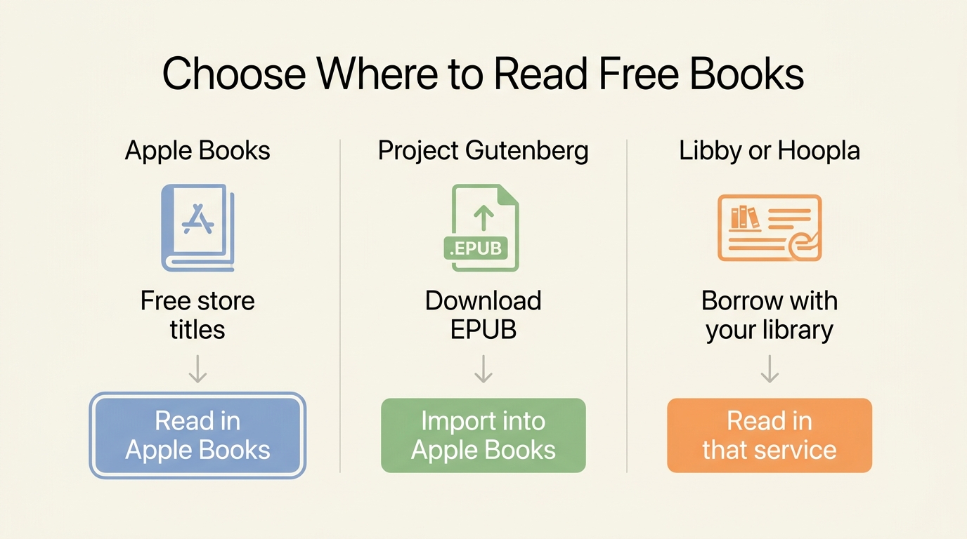 Choose Apple Books, Project Gutenberg, Libby, or Hoopla based on how you want to read