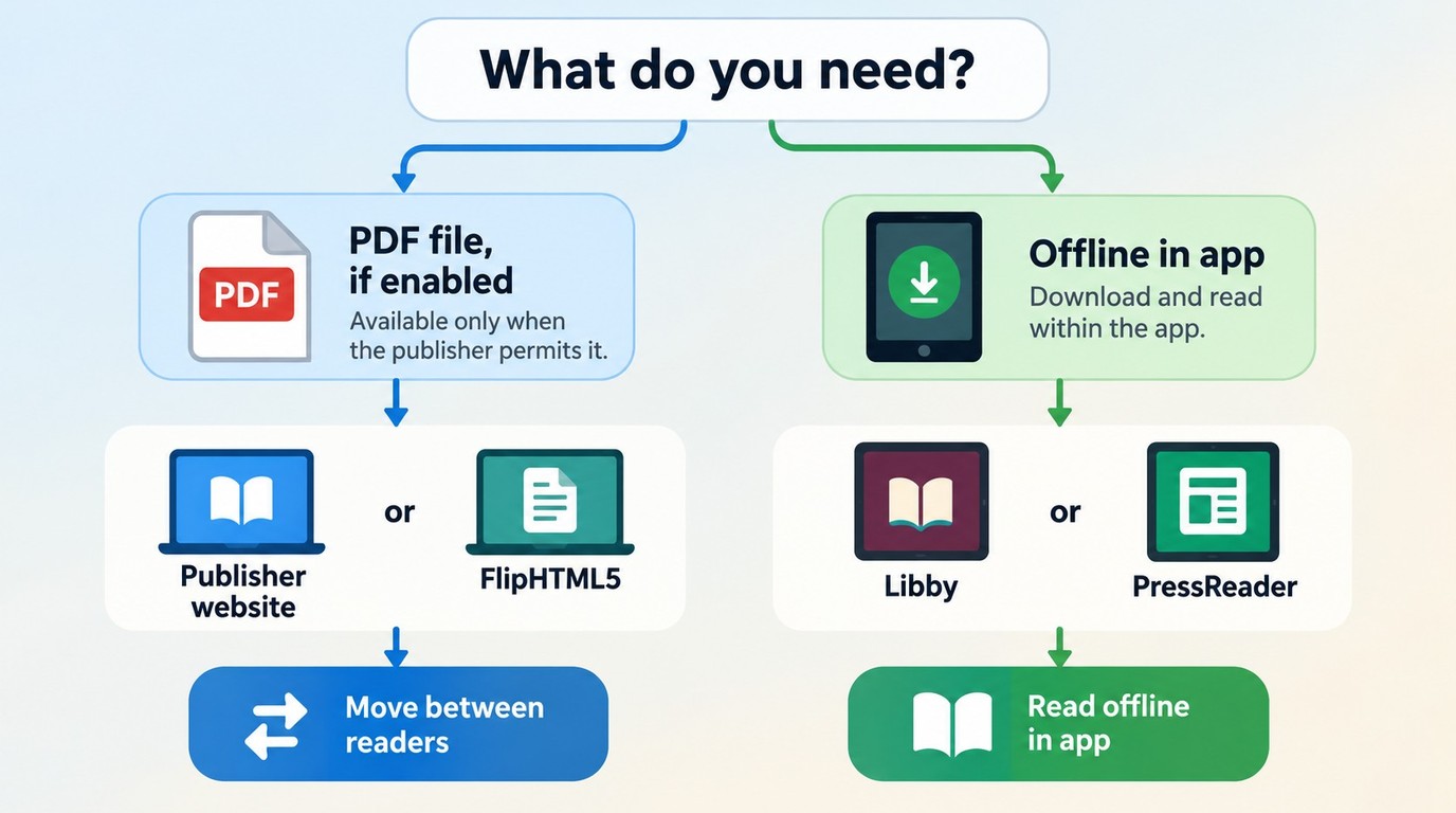 Choose a publisher or FlipHTML5 for PDFs, and Libby or PressReader for offline app reading.