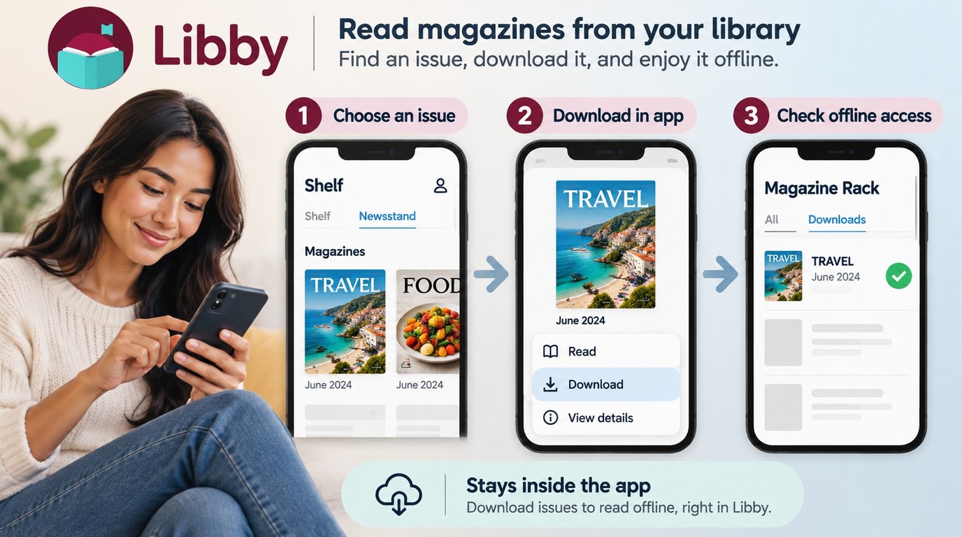 Libby Magazine Rack showing the Download action and checkmark for an offline issue.