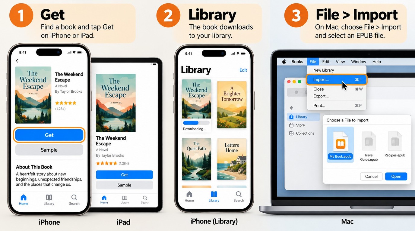 Apple Books Get, library download, and File > Import steps for free books and EPUBs