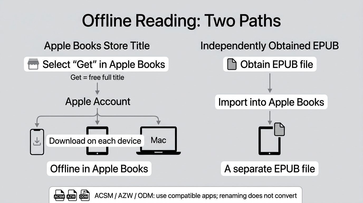 Store title access versus a portable EPUB file and offline reading on each device