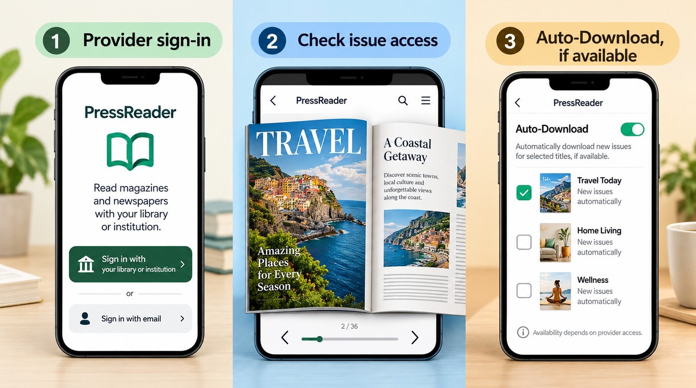 PressReader library sign-in, accessible magazine issue, and Auto-Download setting.