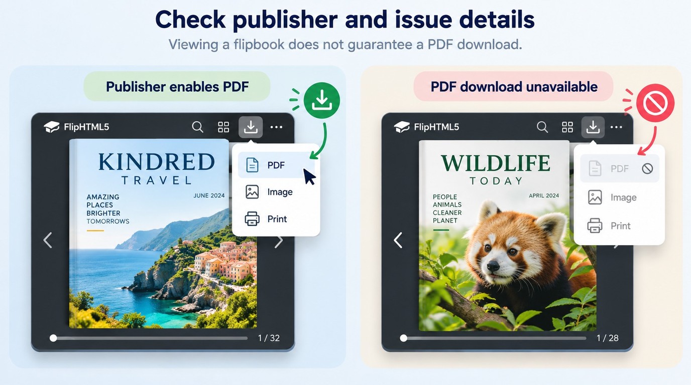 FlipHTML5 issue page with publisher details and an enabled PDF download option.